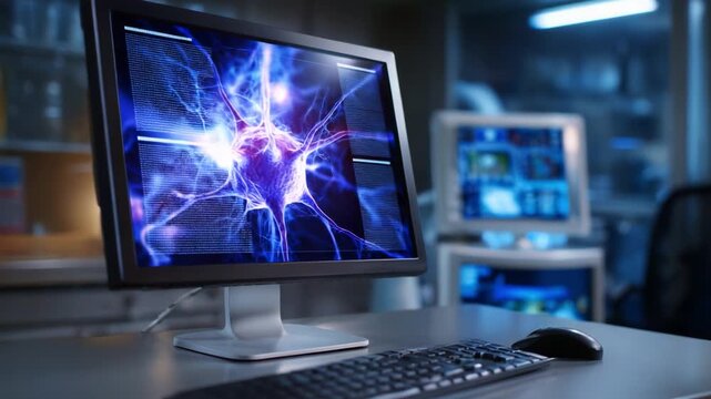 A high-tech computer workstation displays a vibrant visualization of a neuron, illustrating advanced scientific research and technological innovation in neuroscience.