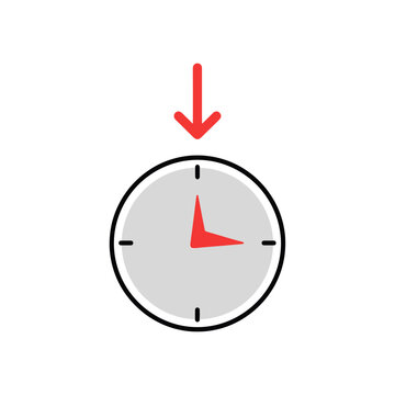 A clock face with red hands and a downward-pointing red arrow, symbolizing time reduction or a deadline.
