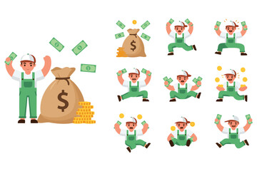 Naklejka premium Happy construction worker celebrating with money and gold coins in cartoon style showing financial success and wealth joy isolated