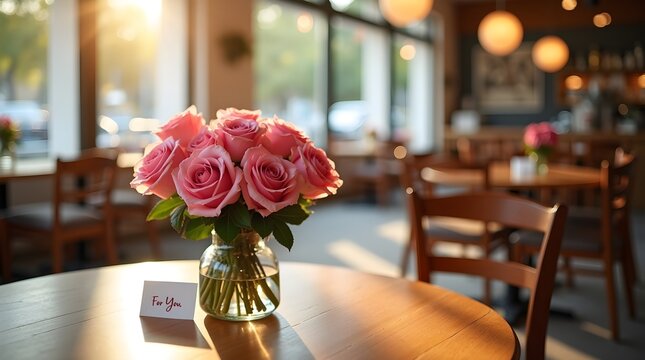 Large bouquet of pink roses on empty restaurant table waiting for date