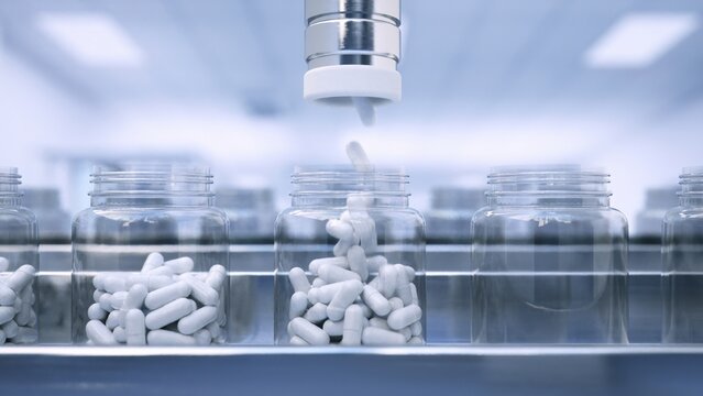 Jar being filled with capsules on an automated pharmaceutical packaging line inside a sterile factory &ndash; seamless loop, high-quality 3D render.