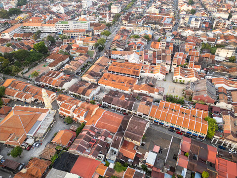 Penang, Malaysia: Aerial view of the Aceh mosque and the chinese Leong San Tong Khoo Kongsi temple in Georgetown historic center in Penang