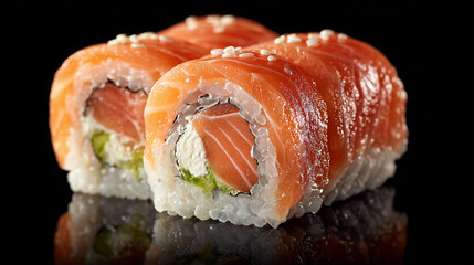 Close-up of two fresh salmon sushi rolls with rice, avocado and cream cheese, topped with sesame seeds, placed on a glossy black surface.