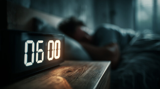 Early morning scene with a glowing 6:00 alarm clock on a bedside table, while a person sleeps in soft, moody lighting. Peaceful atmosphere before waking up.