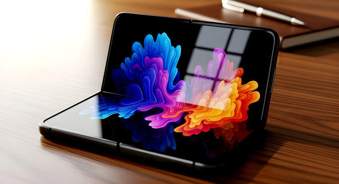 Modern foldable smartphone displaying vibrant, abstract fractal art on its screen, showcasing cutting-edge mobile technology.