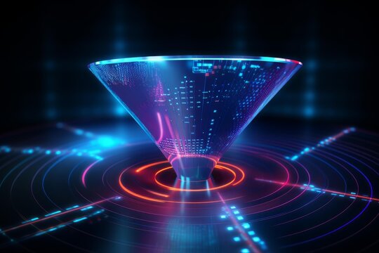 Digital data flowing through a neon lit sales funnel with futuristic effects