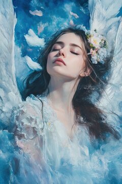 Floating effortlessly in a celestial dance, an angel&rsquo;s serene gaze and gentle smile radiate pure tranquility.