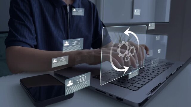Employee workflow concept showing productivity, efficiency, teamwork and performance in digital business.	
Corporate hr management, office processes, digital work and professional growth.