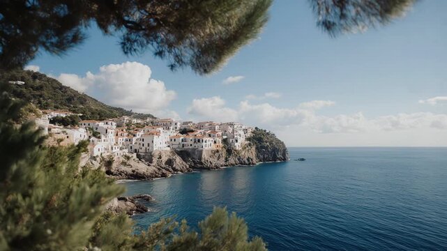Picturesque coastline with clear blue waters and traditional buildings on a peninsula. Green foliage frames the top, adding contrast. The bright sky enhances the serene, scenic beauty