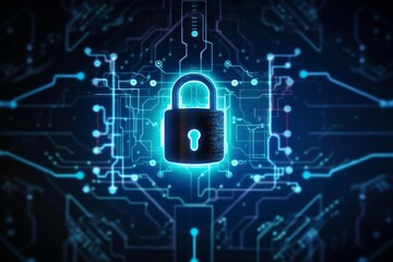 Glowing padlock represents digital security, data protection, and encryption on a dark circuit background