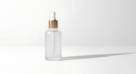 Single serum bottle with large copy space on a clean background, skincare advertising concept stock photo featuring minimal composition and modern cosmetic branding style.