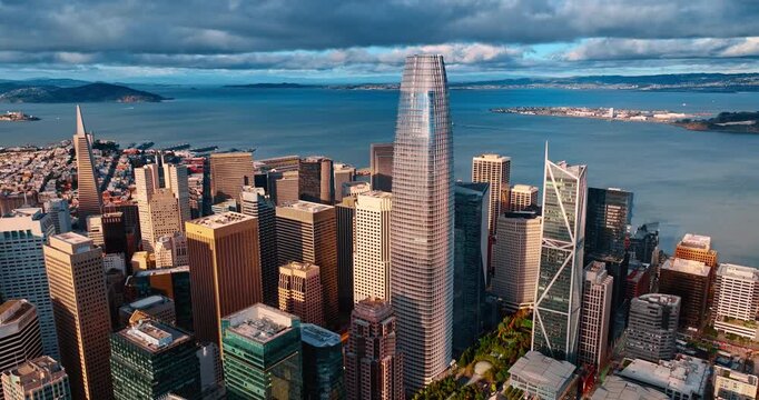 View on the Salesforce Tower from drone. Footage over downtown San Francisco, California, USA on cloudy day.