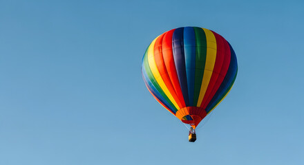 Naklejka premium A vibrant rainbow-colored hot air balloon floats serenely against a clear blue sky, evoking a sense of adventure and freedom