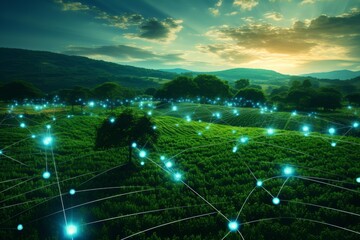 Fototapeta premium Lush green field showing connected data points for smart farming and agritech