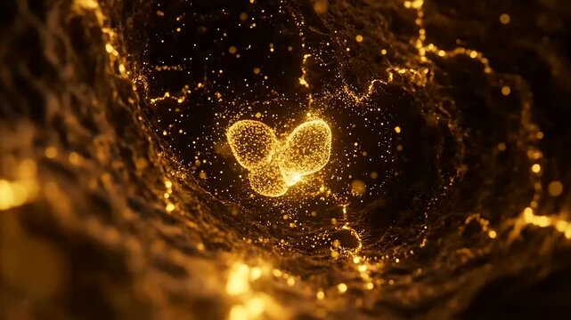 AI Drug Discovery empowering futuristic biotechnology research visualized through abstract glowing golden particle flow forming organic cellular structures in a dark, dynamic micro-environment