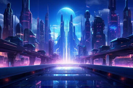 Futuristic city skyline featuring towering skyscrapers with vibrant neon lights and a distant planet
