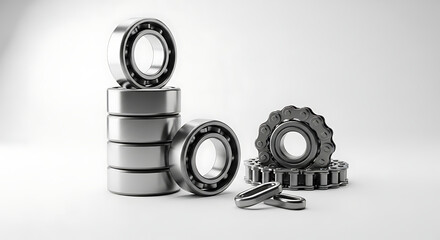 Stack of stainless steel ball bearings and mechanical gears isolated on white background for industrial engineering and machinery design