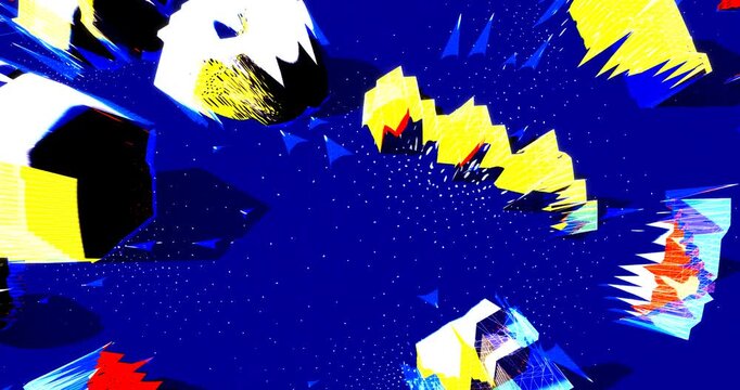 Abstract isometric 3D shapes with contrast shadows and dotwork texture on blue background