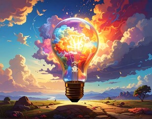 Surreal colorful lightbulb, containing vibrant clouds against a scenic backdrop