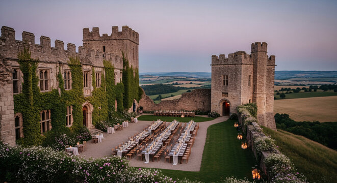  Elegant castle courtyard wedding reception setup with long banquet tables and lanterns at twilight

