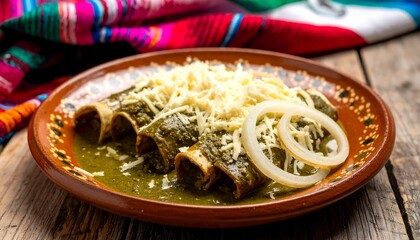 Mexican enchiladas with green sauce, cheese, and onion garnish