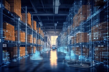 Warehouse managing inventory with digital data overlay and autonomous robots for smart supply chain