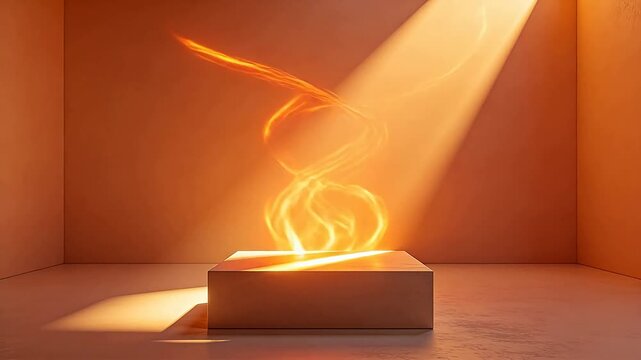 Warm orange empty room with square platform and wavy light beam projection