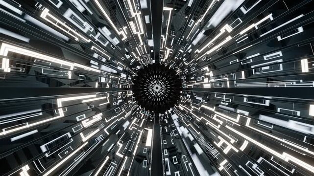 3D animation of endless flight through futuristic metal corridor. Seamless hyperspace tunnel loop for VR experiences, gaming backgrounds, and music festival visuals. 4K resolution