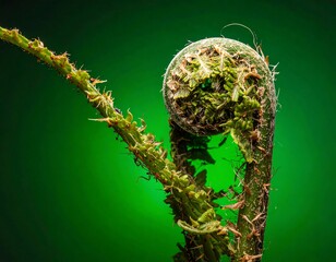Tightly curled young fern frond against a vibrant emerald background