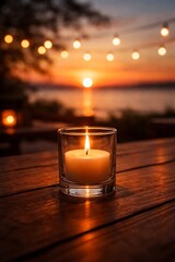 A close-up of a lit candle in a glass holder on a wooden table, with a sunset and string lights in the blurred background. generate images 