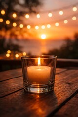 A close-up of a lit candle in a glass holder on a wooden table, with a sunset and string lights in the blurred background. generate images 