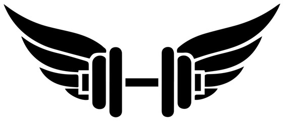 Black icon of a barbell with angel wings on white background symbolizing fitness and motivation