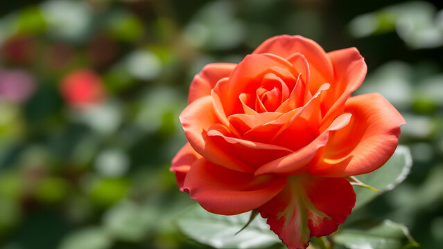 A vibrant red rose in full bloom surrounded by lush green foliage