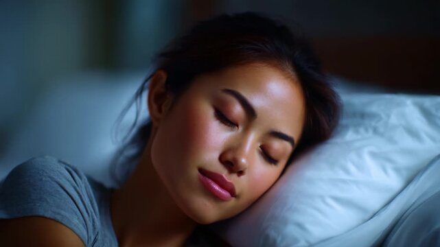 A serene moment captured in two frames showcasing a peaceful woman sleeping soundly, embodying tranquility and restfulness in a cozy bedroom environment.