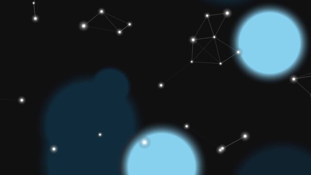 Glowing blue planets and stars in a dark night sky with constellations