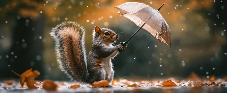 Cute squirrel holding a small umbrella in the rain with autumn leaves.