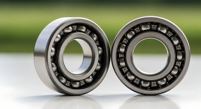 Two chrome skateboard bearings close-up on reflective surface with green background for sports equipment and engineering