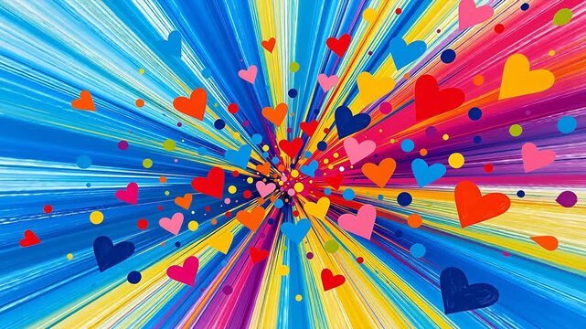 Colorful abstract background with radiating lines and heart shapes