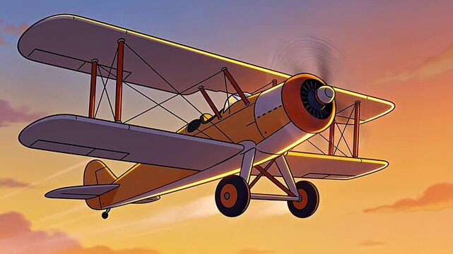 Vintage biplane flying against warm orange sunset sky with spinning propeller