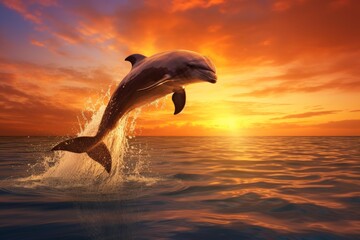 Obraz premium Dolphin leaping from the sea surface at a vibrant orange and yellow sunset
