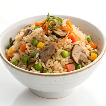 Healthy Japanese Style Vegetable Fried Rice with Shiitake Mushrooms Peas and Carrots in a Ceramic Bowl