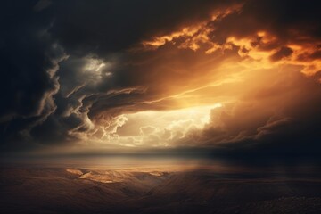 Obraz premium Golden light illuminating a rugged desert landscape beneath a powerful, stormy sky