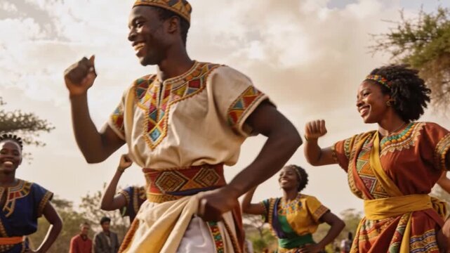 Joyful vibrant traditional african dance celebration outdoor happy man wearing ethnic costume culture smiling group performing rhythmic movement