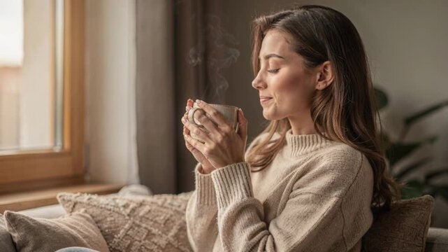 Happy woman drinking hot coffee ceramic mug cup wearing beige knit sweater relaxing home near window cozy morning break time peaceful serene beverage