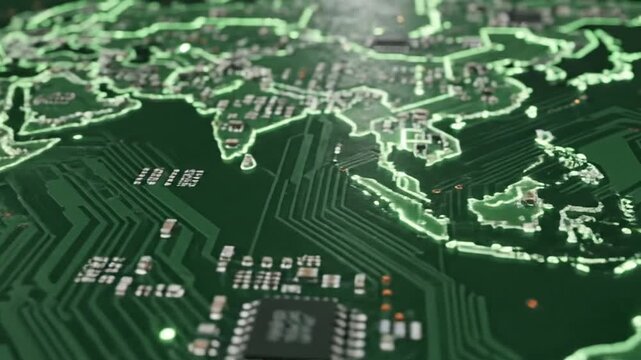 World map circuit board with glowing continents and microchips
