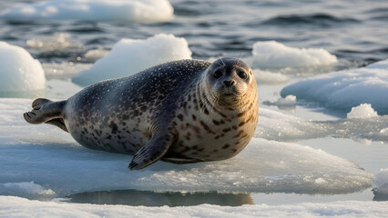 A seal lounges on an icy surface surrounded by floating chunks of ice.