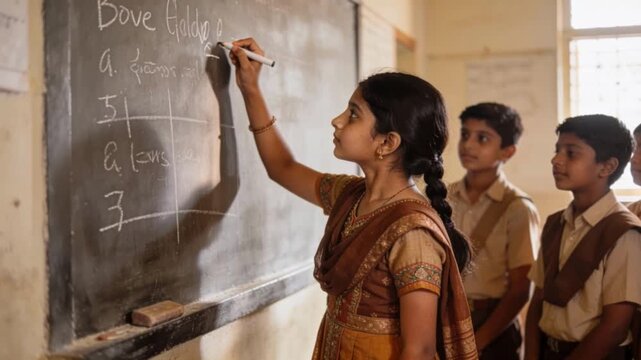 Young Indian girl student writing lesson on chalkboard inside rural school classroom. Focused pupil watches South Asian primary education activity