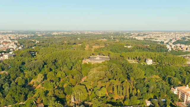 Rome, Italy. Giuseppe Garibaldi Monument. Janiculum, one of the hills of Rome. Summer. Morning hours. Drone footage, Point of interest