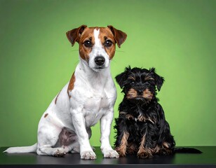 Two adorable canine companions posing against a vibrant, green backdrop
