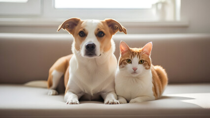 A dog and a cat sitting together on a couch in a sunny room.